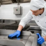 Uso de produtos limpeza cozinha industrial na sanitização de bancadas e utensílios de restaurante