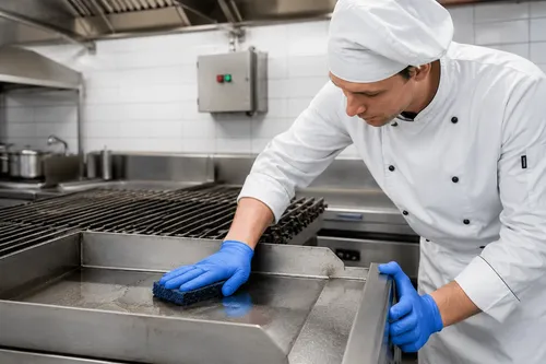 Uso de produtos limpeza cozinha industrial na sanitização de bancadas e utensílios de restaurante