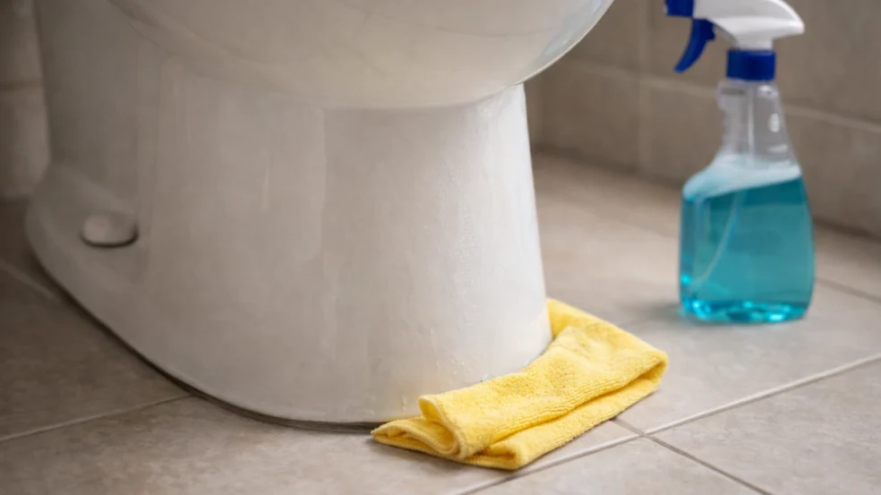 Pano amarelo de limpeza úmido e borrifador ao lado da base de um vaso sanitário no chão do banheiro.