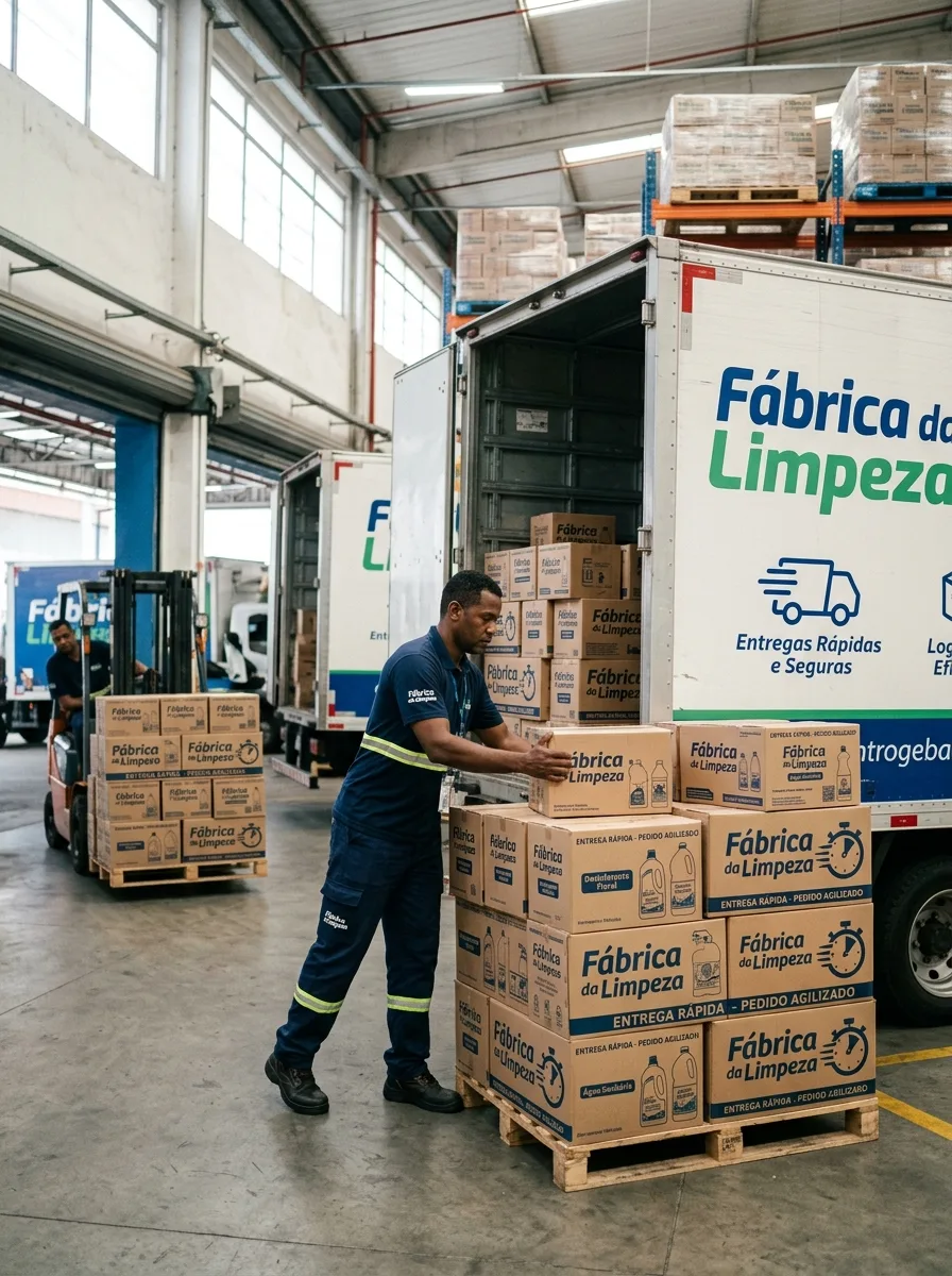 Homem movendo caixas de produtos de limpeza atacado de um caminhão em um depósito