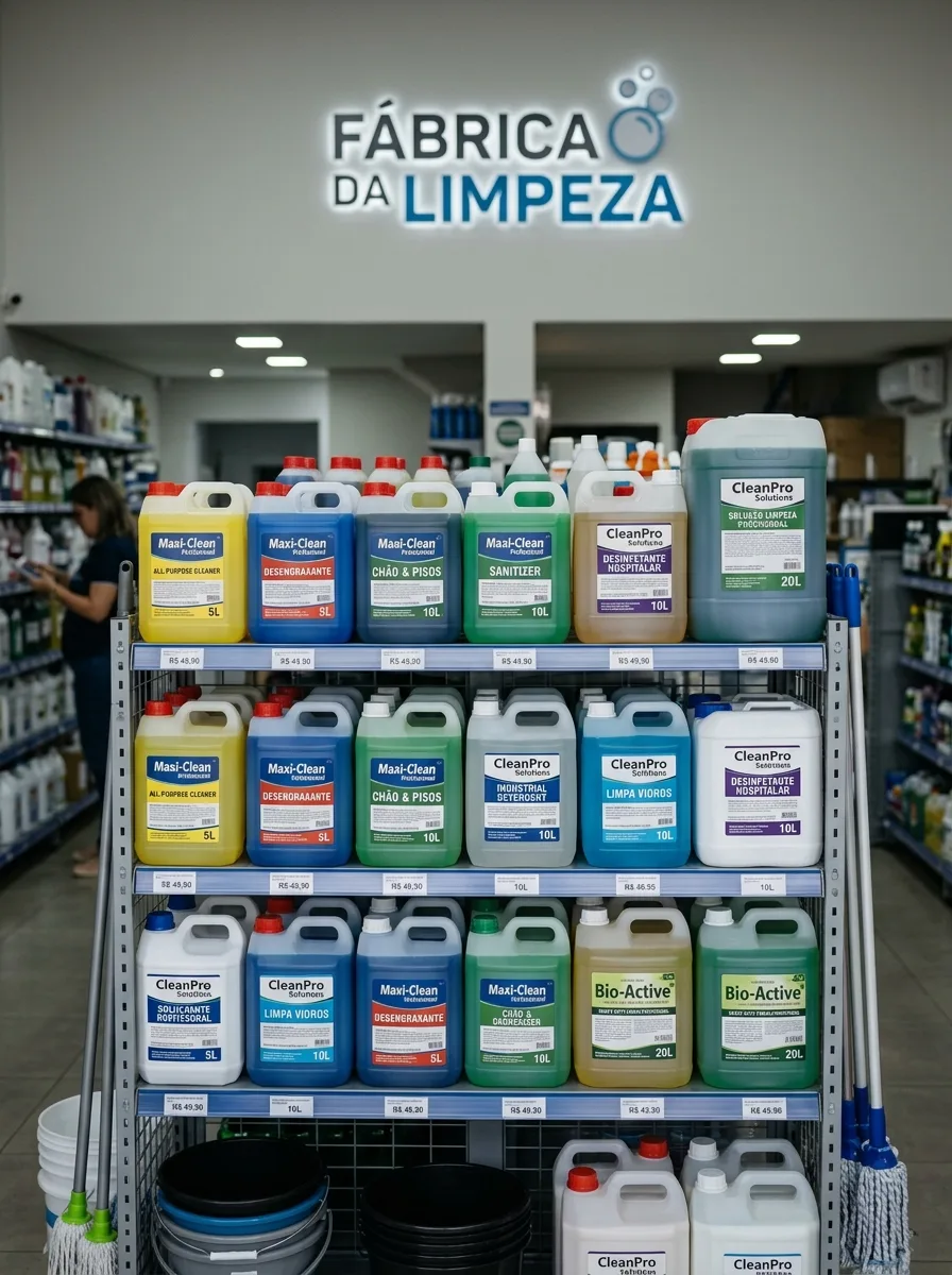 Prateleiras com diversos produtos de limpeza atacado em embalagens grandes, dentro de uma loja, produtos de limpeza atacado Salvador