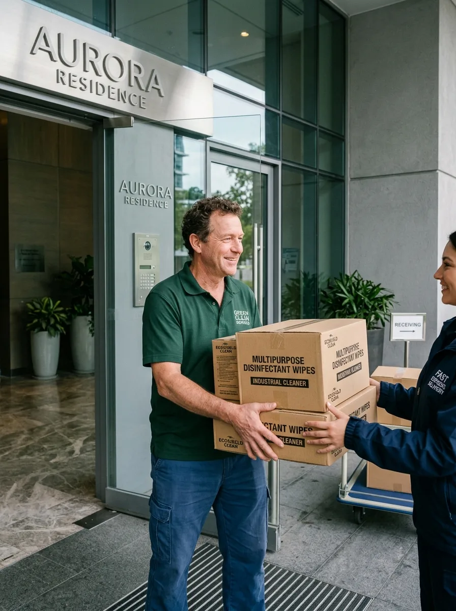 Homem sorridente recebendo uma entrega rápida de produtos de limpeza de entregadora na porta do Aurora Residence