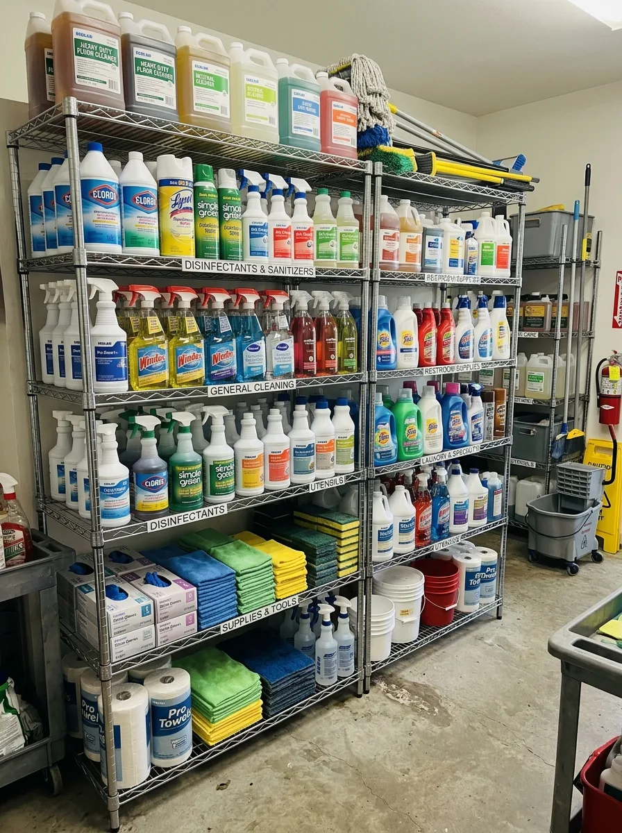 Prateleiras metálicas com grande variedade de produtos de limpeza profissional e suprimentos organizados