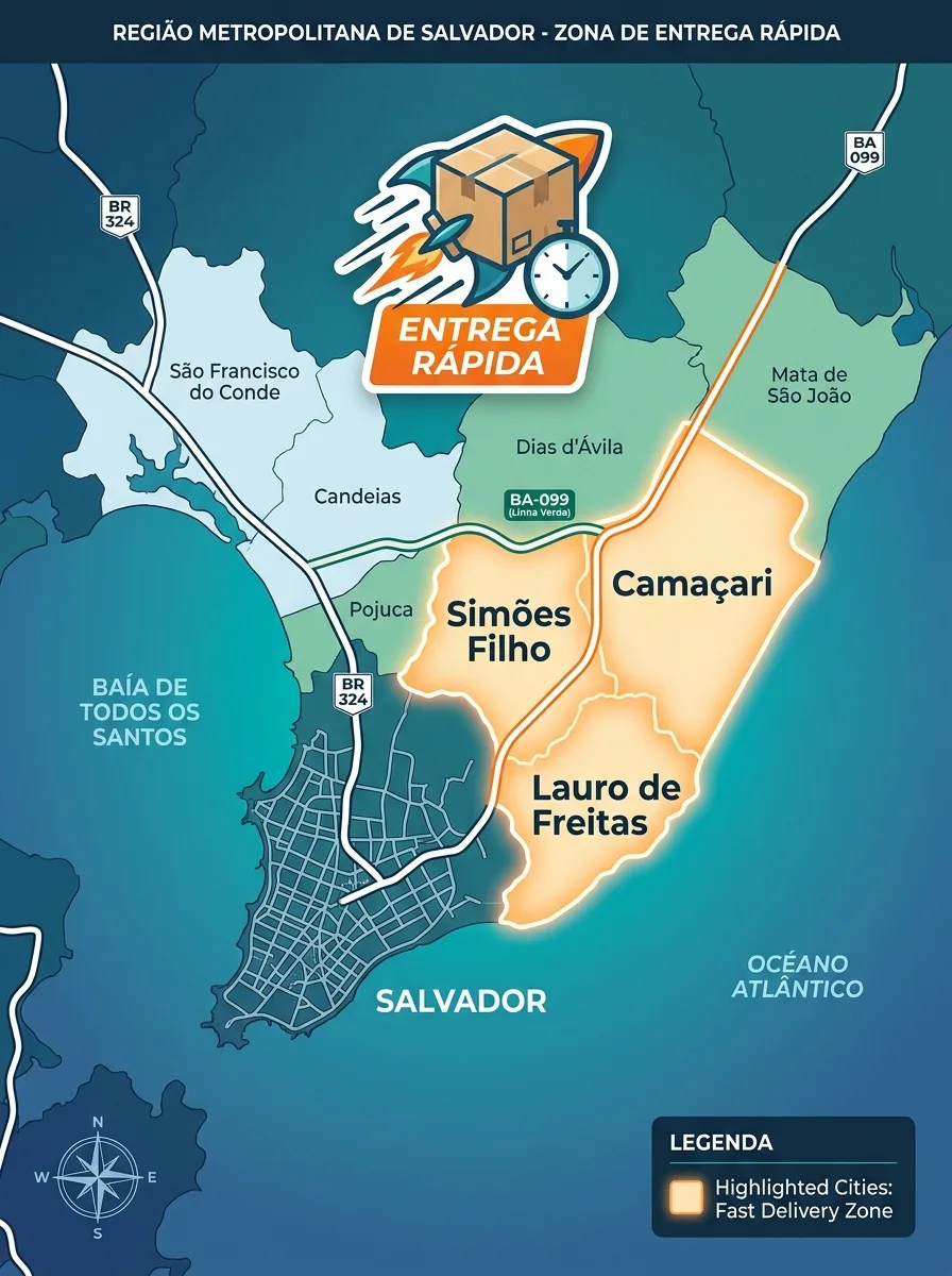 Mapa estilizado da Região Metropolitana de Salvador, com Lauro de Freitas, Simões Filho e Camaçari como zona de entrega rápida
