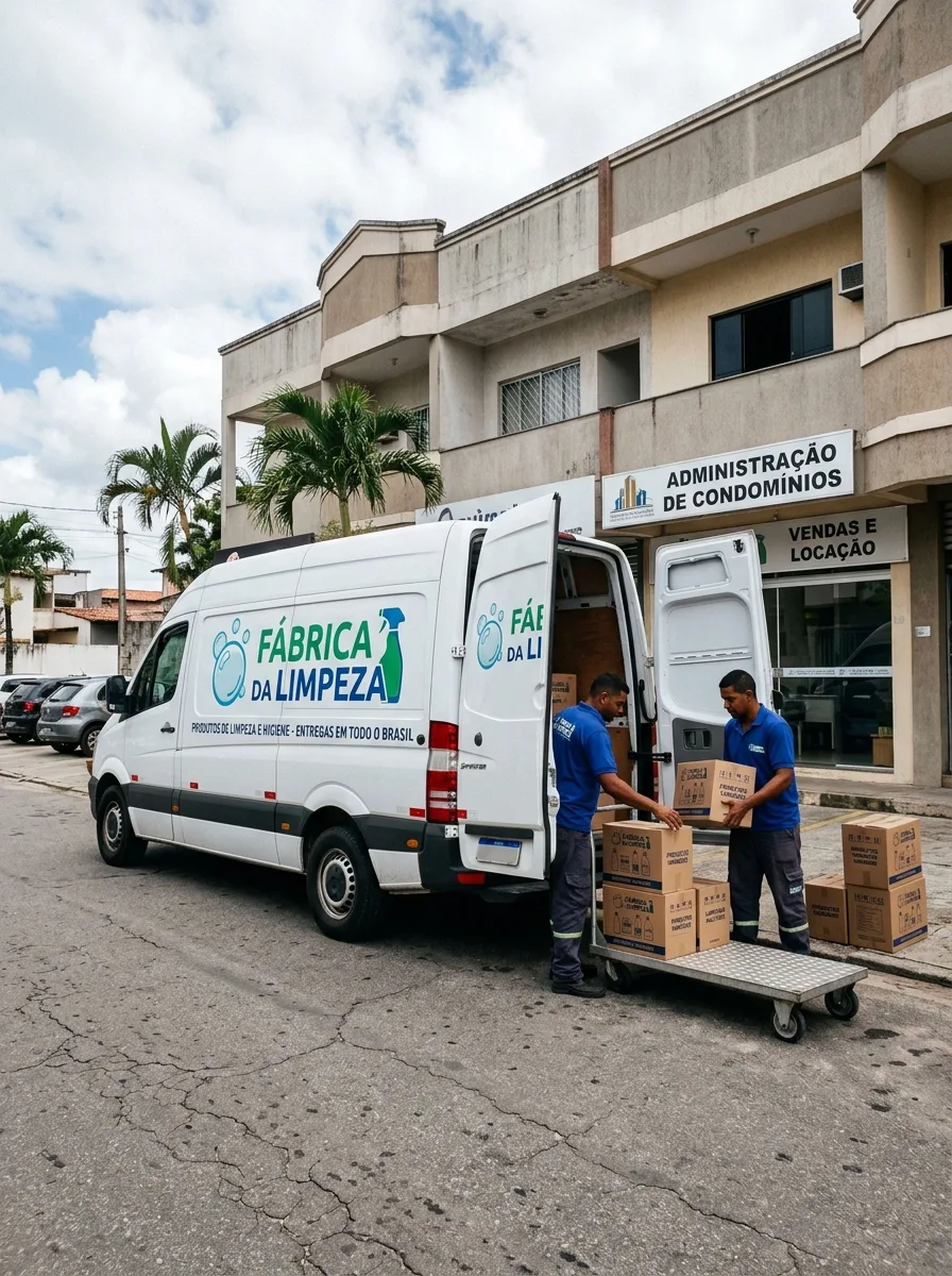 Entrega de produtos de limpeza: van Fábrica da Limpeza descarregando caixas com dois homens, entrega rápida de produtos de limpeza