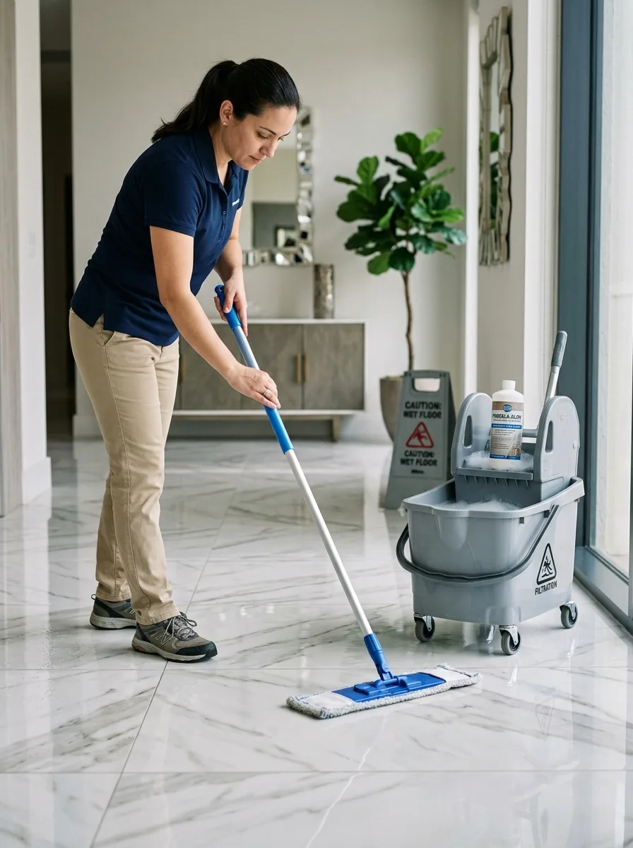Mulher usando mop e balde com produtos de limpeza pesada em piso de mármore brilhante