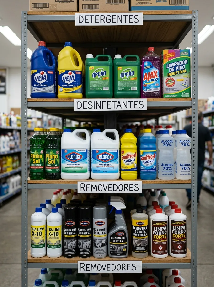 Prateleiras de loja com produtos de limpeza pesada: detergentes, desinfetantes e removedores