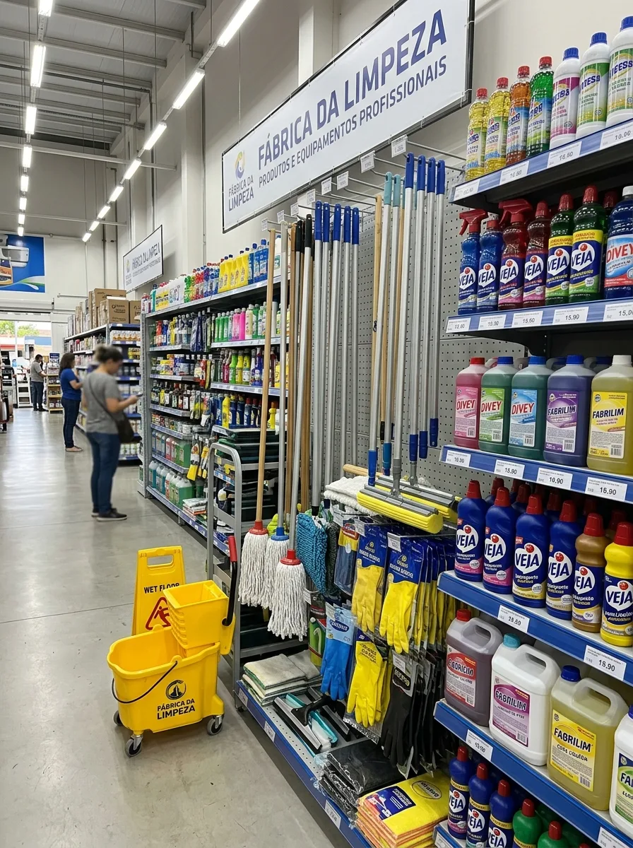 Corredor da Fábrica da Limpeza com variedade de produtos de limpeza pesada, mops, baldes e luvas