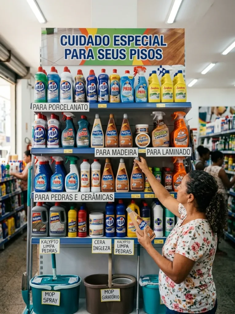 Display de produtos de limpeza pesada para pisos variados, organizados por tipo, com mulher escolhendo