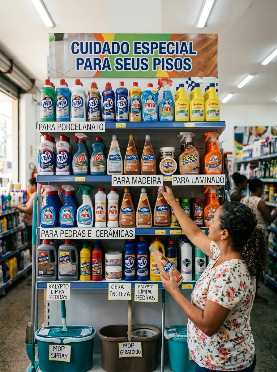 Display de produtos de limpeza pesada para pisos variados, organizados por tipo, com mulher escolhendo