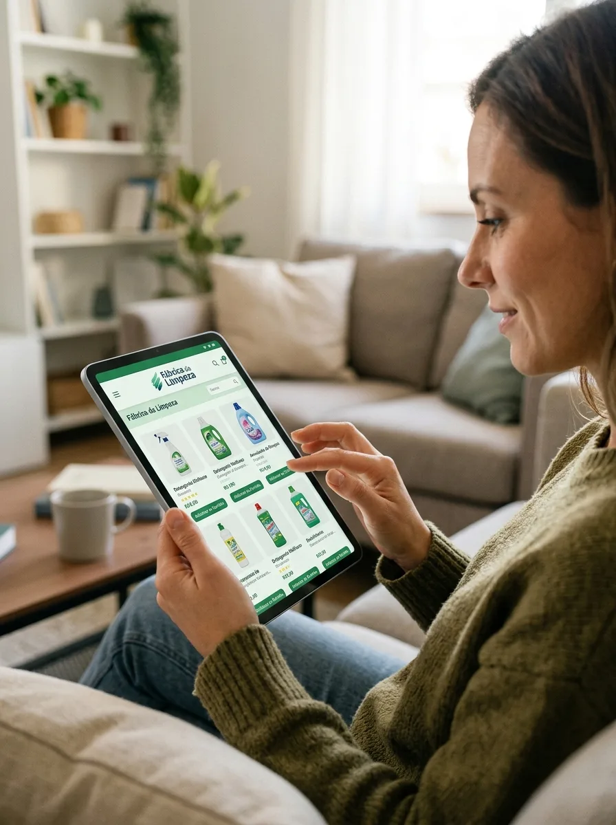 Mulher navegando catálogo online da Fábrica da Limpeza em tablet, vendo produtos de limpeza