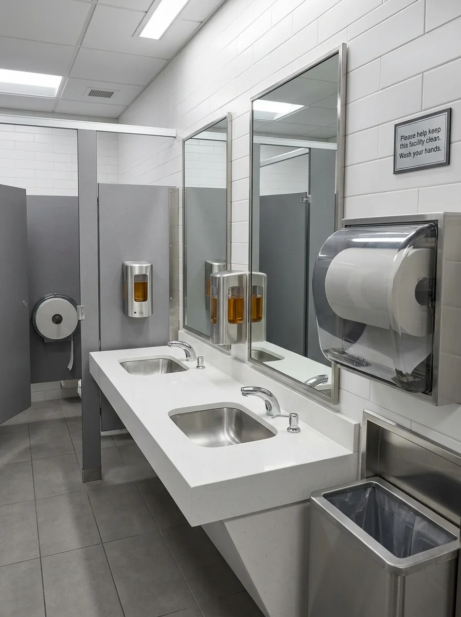 Banheiro comercial moderno e bem abastecido com dispensadores de sabonete, papel toalha e higiênico