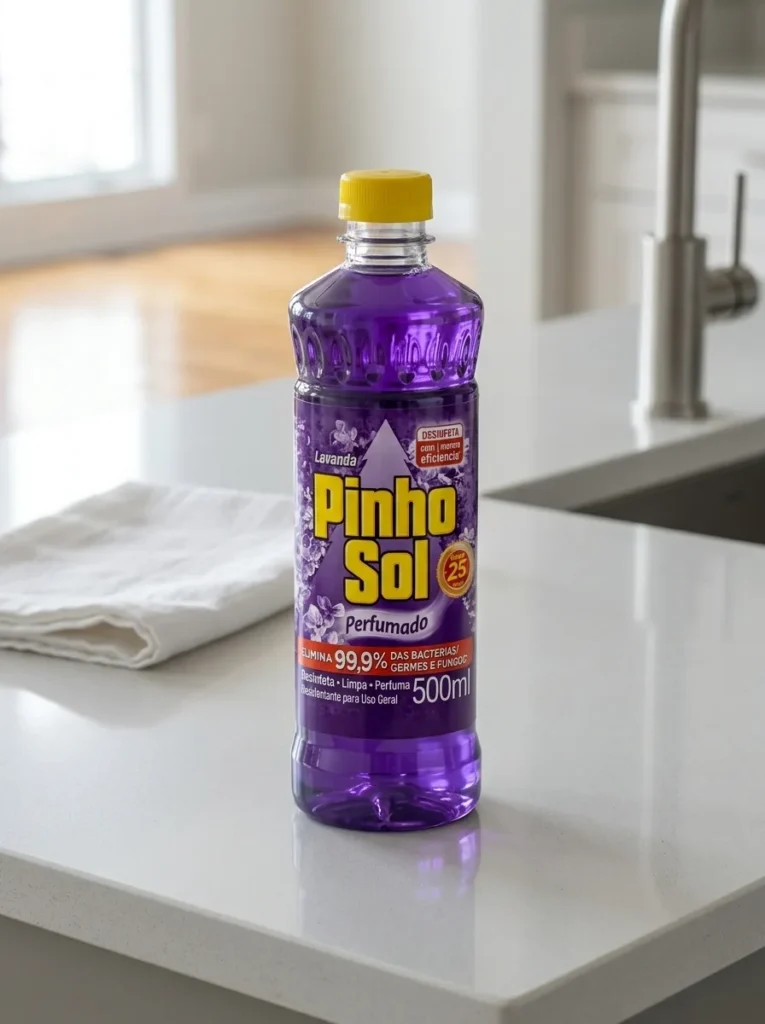 Frasco roxo de desinfetante Pinho Sol lavanda em bancada de cozinha limpa com pano branco, desinfetante profissional Salvador