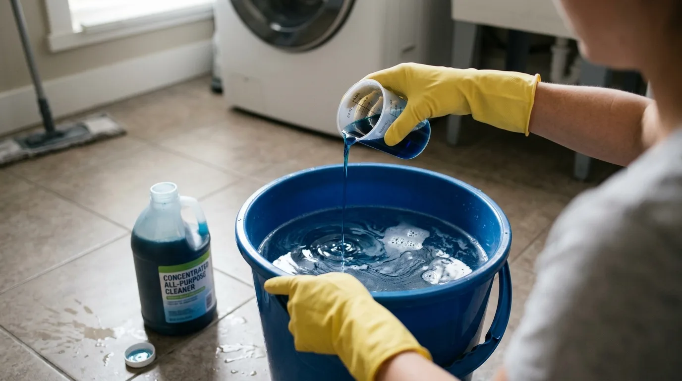 Pessoa com luvas amarelas diluindo produto de limpeza concentrado em balde azul com medidor