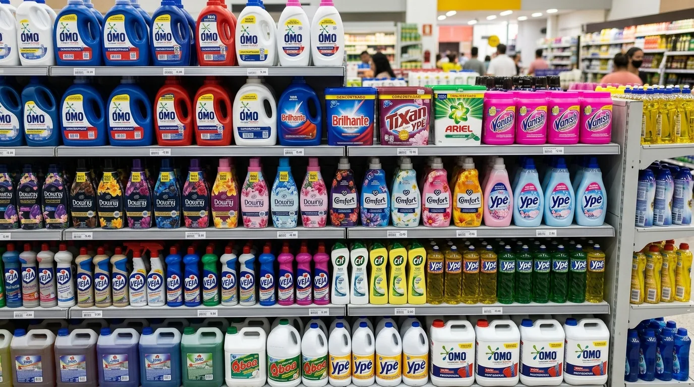 Prateleiras de supermercado bem organizadas com uma vasta gama de produtos de limpeza e higiene
