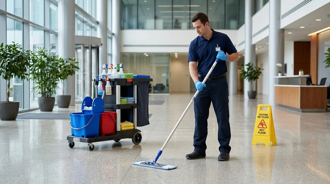 Profissional de limpeza com mop e carrinho em saguão corporativo, piso brilhante e sinal de piso molhado