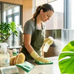 Mulher de luvas e avental limpando bancada com spray e pano, produtos de limpeza ecológicos e plantas, desperdício zero na limpeza em Salvador