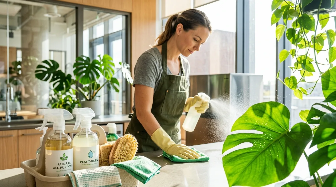 Mulher de luvas e avental limpando bancada com spray e pano, produtos de limpeza ecológicos e plantas, desperdício zero na limpeza em Salvador