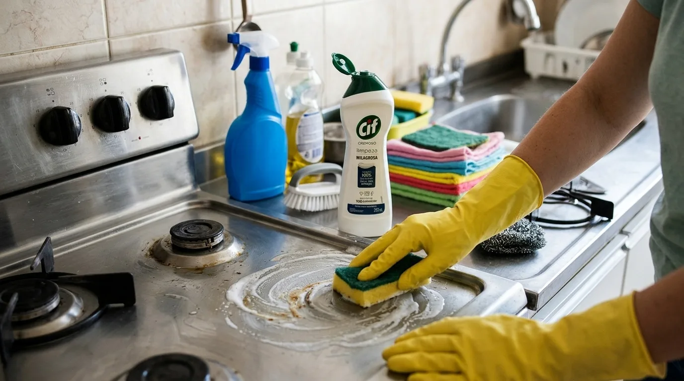 Mãos com luvas amarelas limpando fogão de inox com esponja e Cif, produtos de limpeza na cozinha