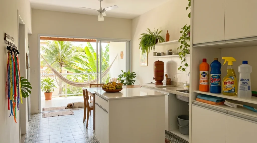 Cozinha e sala limpas, com produtos de limpeza de casa em Salvador e varanda tropical