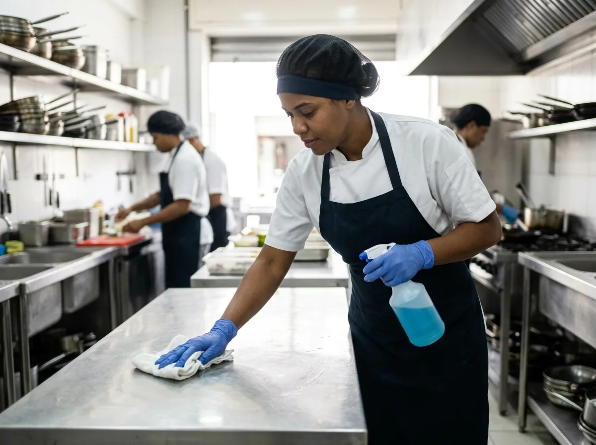 Funcionária de restaurante com luvas limpando bancada de aço inoxidável com pano e borrifador de produtos de limpeza para restaurantes