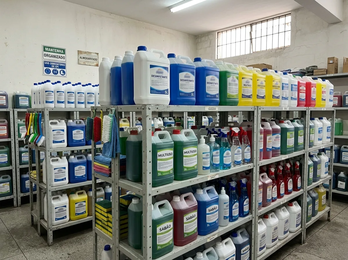 Prateleiras de almoxarifado com diversos produtos de limpeza para restaurantes, como desinfetantes, multiuso e sabão