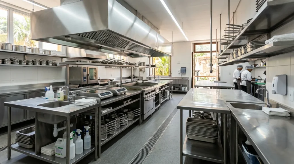 Cozinha profissional de restaurante moderna e impecável com equipamentos de aço e produtos de limpeza para restaurantes