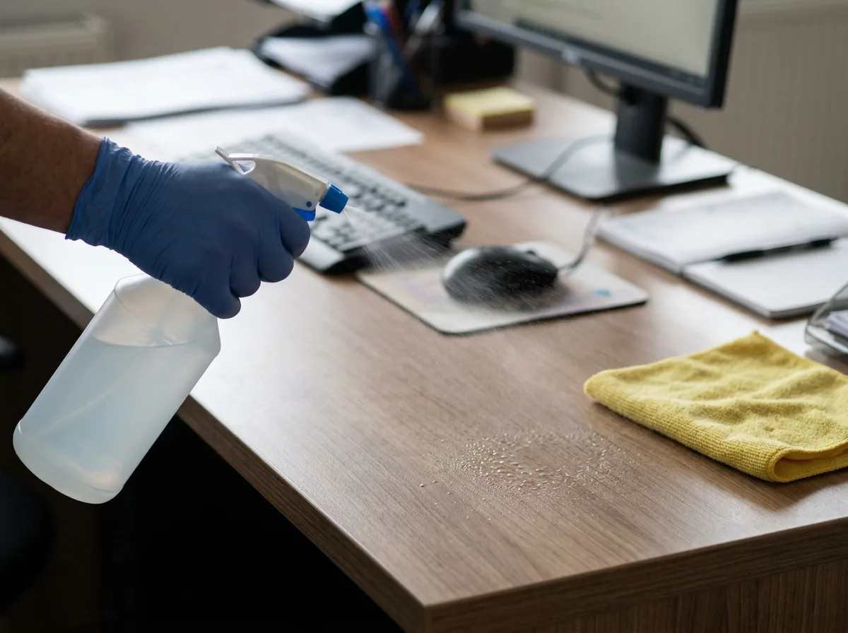 Mão com luva azul borrifando multiuso em mesa de escritório com teclado e pano amarelo
