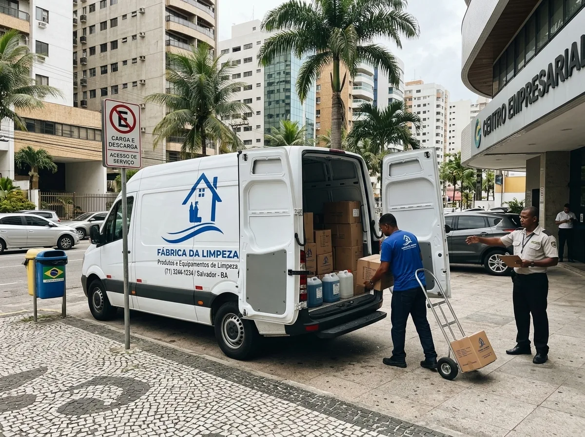 Van da Fábrica da Limpeza entregando kit limpeza essencial Salvador em prédio comercial
