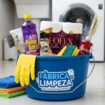 Kit limpeza essencial em balde azul Fábrica da Limpeza com produtos variados e panos de microfibra, kit limpeza essencial Salvador