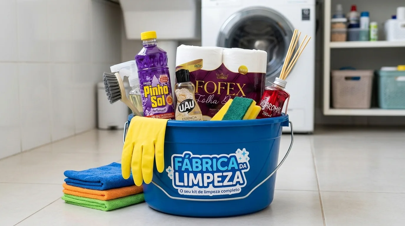 Kit limpeza essencial em balde azul Fábrica da Limpeza com produtos variados e panos de microfibra, kit limpeza essencial Salvador