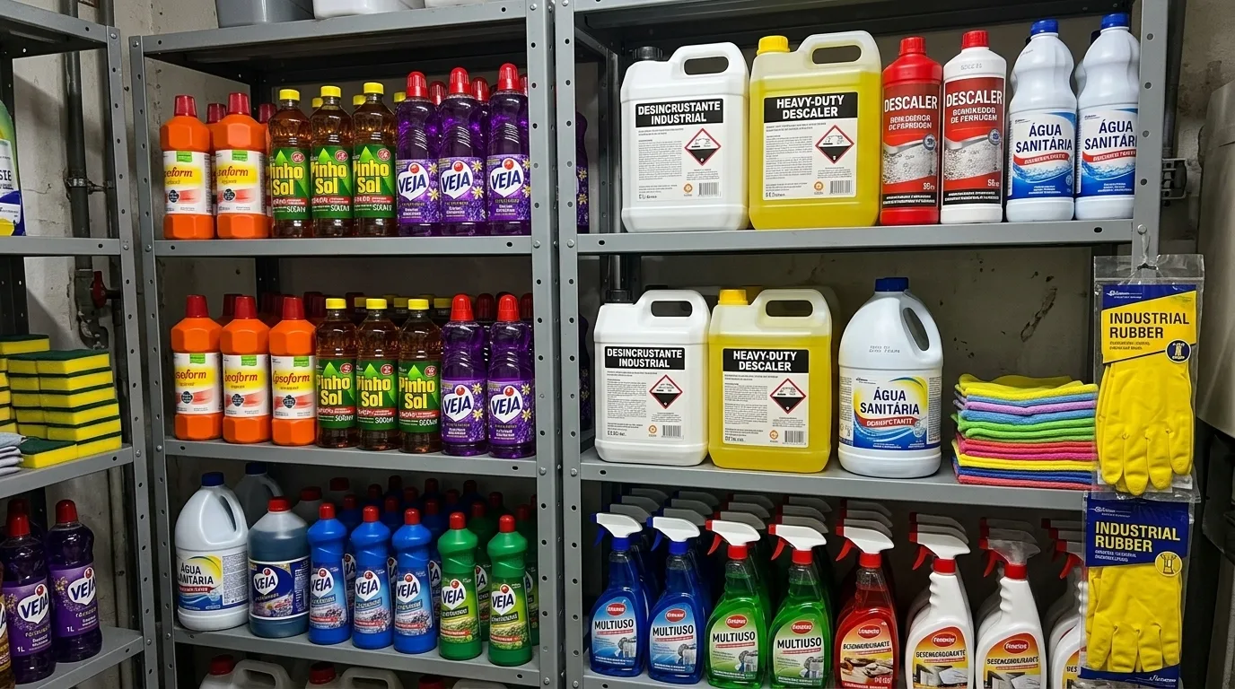 Variedade de produtos de limpeza profissionais em prateleiras, com desinfetantes, desincrustantes e acessórios