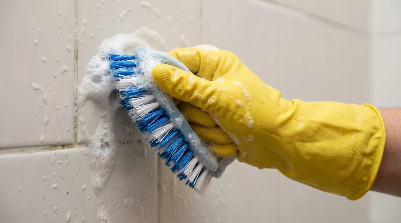 Mão enluvada de amarelo realizando limpeza de banheiros, esfregando azulejo com escova e espuma