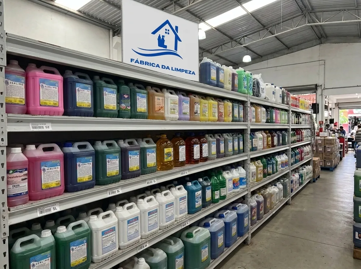 Prateleiras cheias de produtos de limpeza concentrados em embalagens coloridas da Fábrica da Limpeza