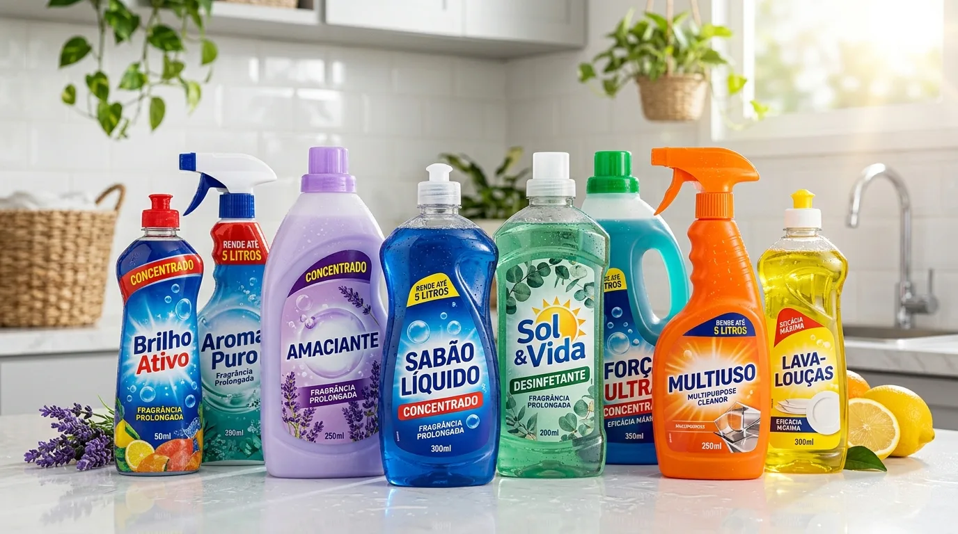 Variedade de produtos de limpeza concentrados coloridos sobre bancada de cozinha clara e moderna