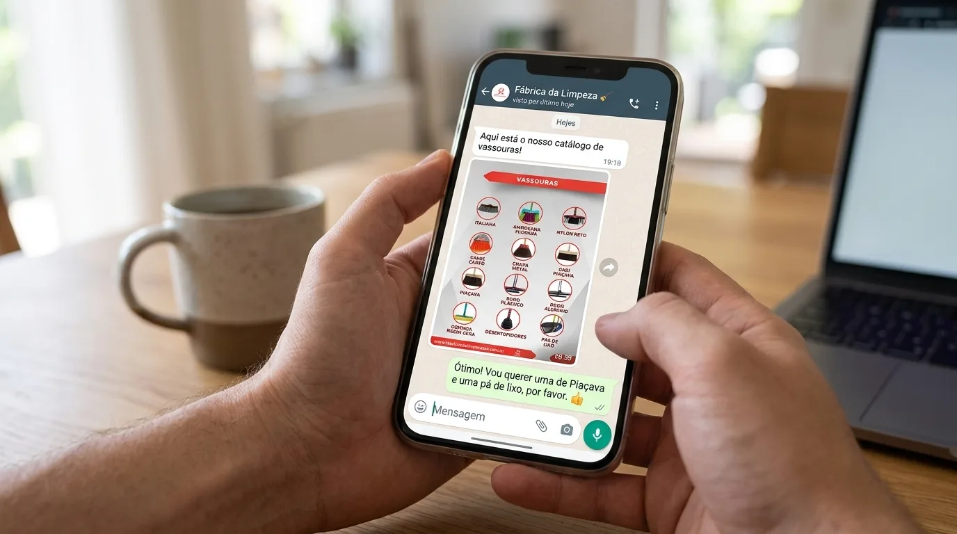 Mãos segurando smartphone com catálogo de vassouras e mensagem de compra de limpeza no WhatsApp