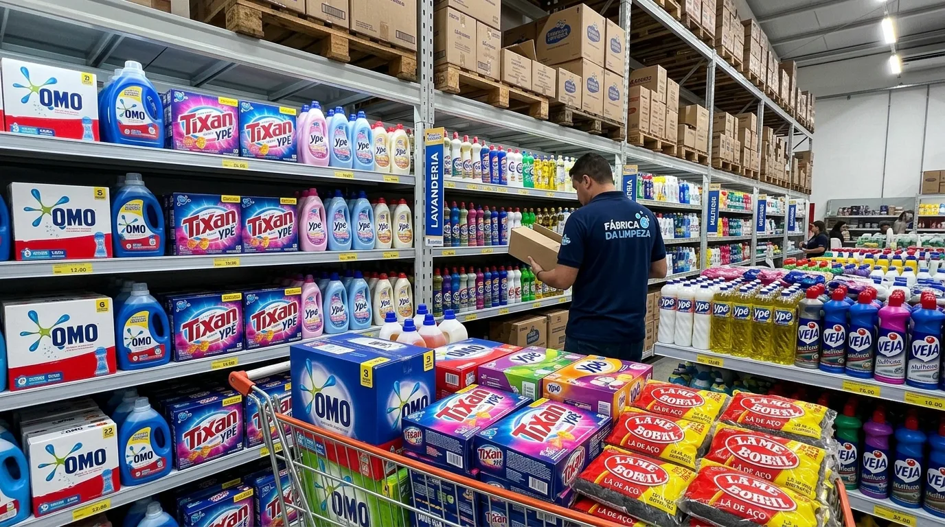 Funcionário da Fábrica da Limpeza em loja com prateleiras repletas de produtos de limpeza e carrinho