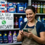 Mulher sorridente faz compra de limpeza pelo WhatsApp, rodeada por produtos, compra de limpeza WhatsApp Salvador