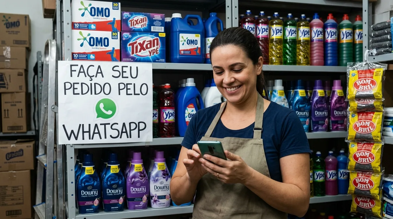 Mulher sorridente faz compra de limpeza pelo WhatsApp, rodeada por produtos, compra de limpeza WhatsApp Salvador
